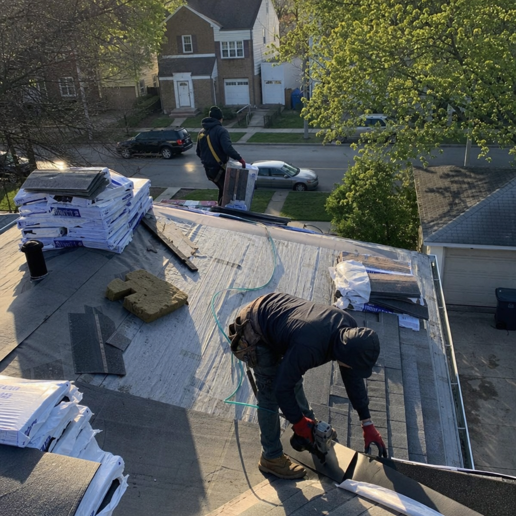 Professional roofers performing residential roof replacement and shingle installation.