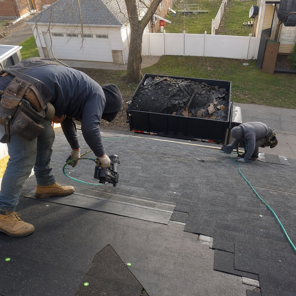 Roofers installing new asphalt shingles during a professional roof replacement project