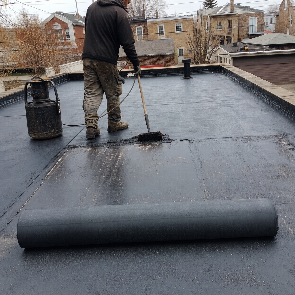 Roofing contractor applying protective waterproof membrane to flat roof
